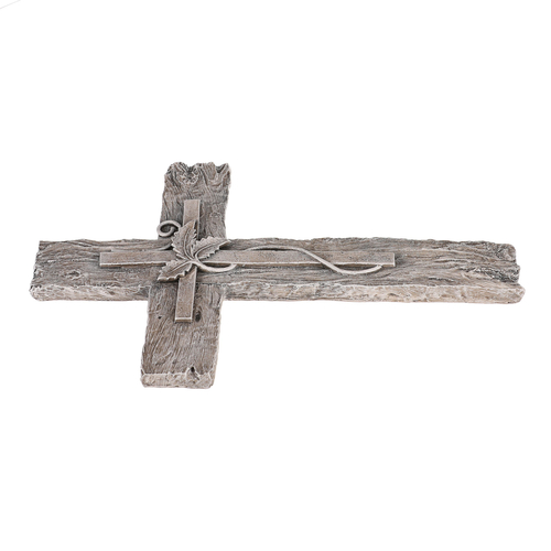 Kříž s lístky, imitace dřeva - polyresin, šedý