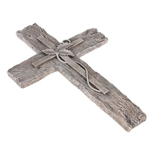 Kříž s lístky, imitace dřeva - polyresin, šedý