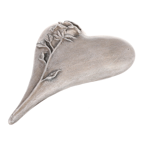 Srdce zaoblené s růží - polyresin, šedé