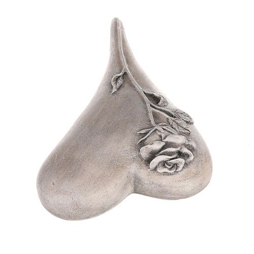 Srdce zaoblené s růží - polyresin, šedé