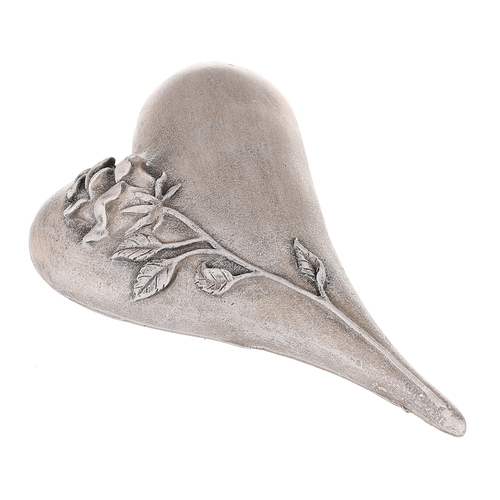 Srdce zaoblené s růží - polyresin, šedé