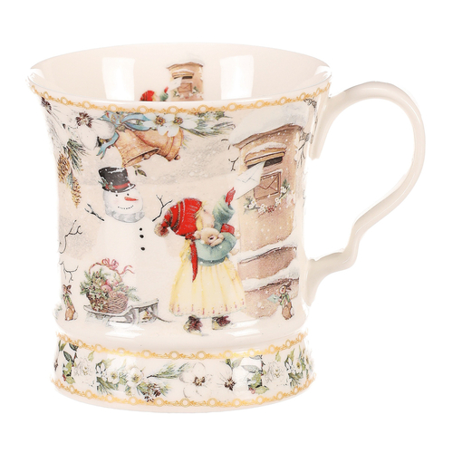 Hrnek malovaný v dárkové dóze - zimní motiv, porcelán, barevný