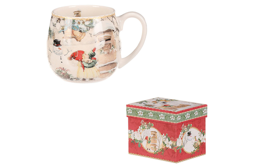 Hrnek malovaný v dárkové dóze - zimní motiv, porcelán, barevný