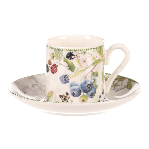 Hrneček s podšálky po 2 kusech - dárkový set, porcelán, bílý s lesními plody