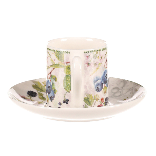 Hrneček s podšálky po 2 kusech - dárkový set, porcelán, bílý s lesními plody