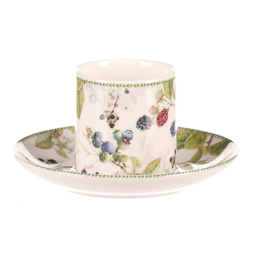 Hrneček s podšálky po 2 kusech - dárkový set, porcelán, bílý s lesními plody