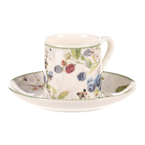 Hrneček s podšálky po 2 kusech - dárkový set, porcelán, bílý s lesními plody