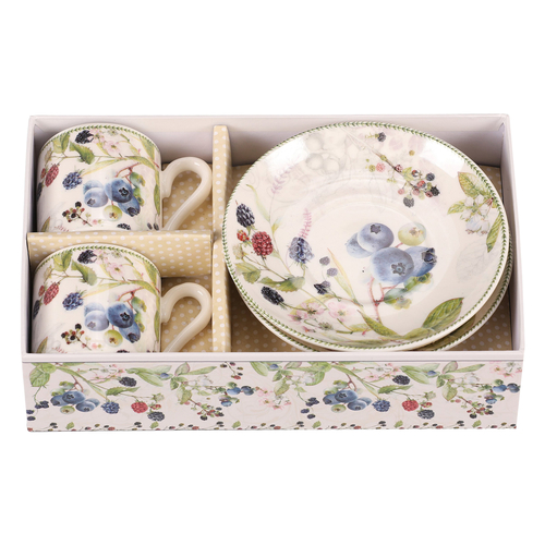 Hrneček s podšálky po 2 kusech - dárkový set, porcelán, bílý s lesními plody