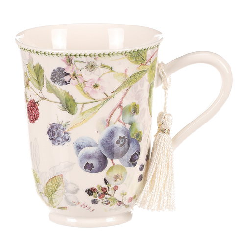 Hrneček v dárkové dóze - porcelán, bílý s lesními plody
