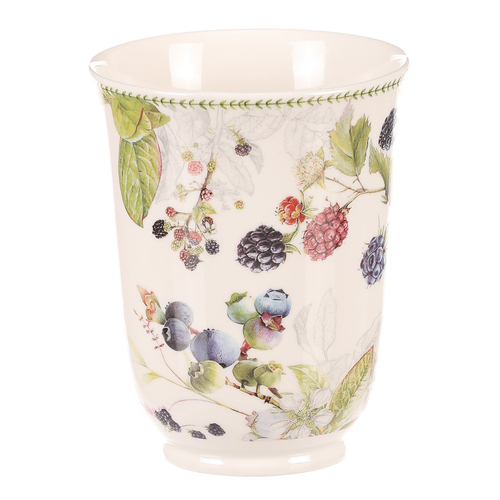 Hrneček v dárkové dóze - porcelán, bílý s lesními plody