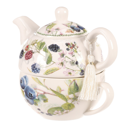 Konvička se šálkem - dárkový set v krabičce, porcelán, bílý s lesními plody