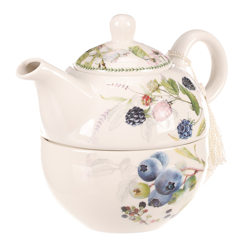 Konvička se šálkem - dárkový set v krabičce, porcelán, bílý s lesními plody
