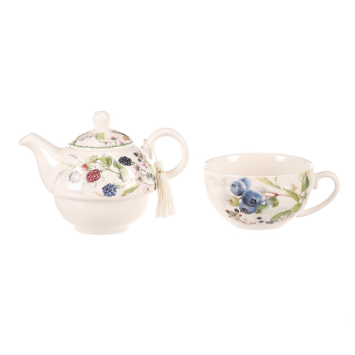 Konvička se šálkem - dárkový set v krabičce, porcelán, bílý s lesními plody