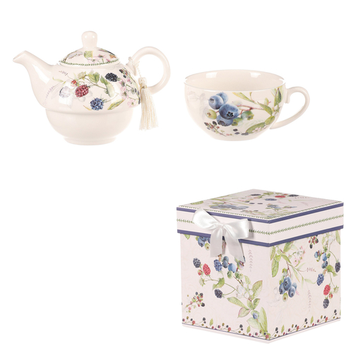 Konvička se šálkem - dárkový set v krabičce, porcelán, bílý s lesními plody