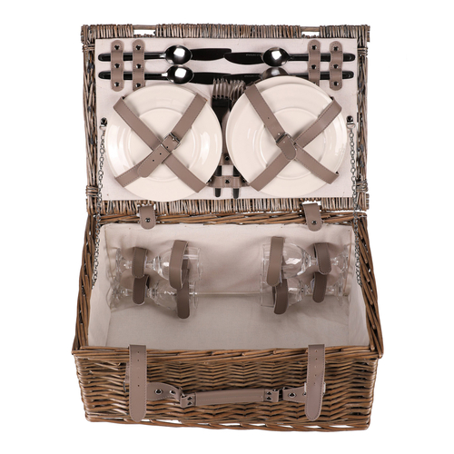 Koš piknikový - s vybavením pro 4 osoby, proutěný, barva šedá