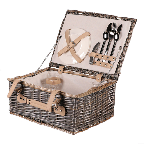 Koš piknikový - s vybavením pro 2 osoby, proutěný, barva šedá