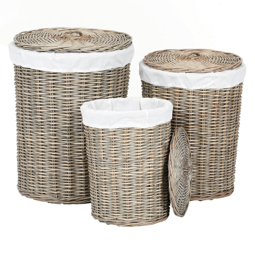 Koš proutěný - prádelní, s víkem, šedý, cena za sadu 3 ks