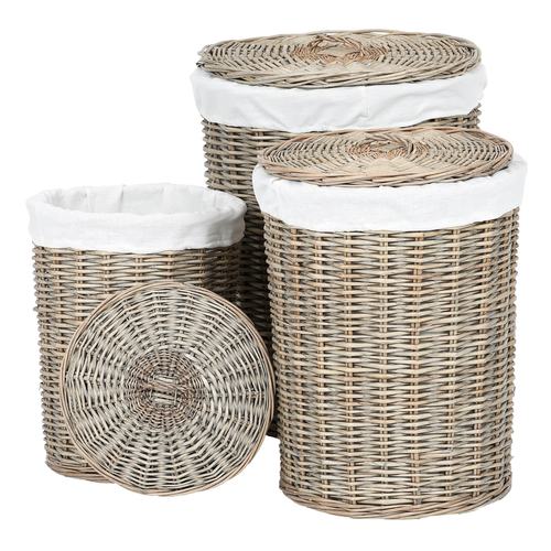 Koš proutěný - prádelní, s víkem, šedý, cena za sadu 3 ks