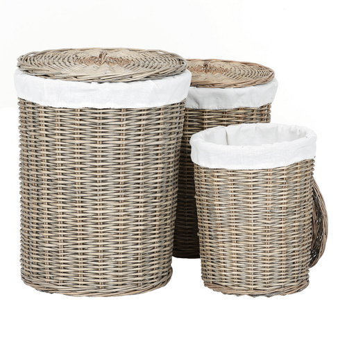 Koš proutěný - prádelní, s víkem, šedý, cena za sadu 3 ks