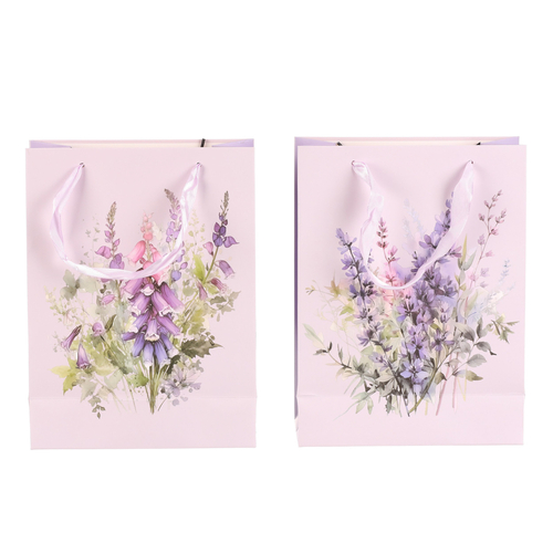 Taška papírová - fialové květiny, mix 2 druhů, vel. S, cena za 1 ks