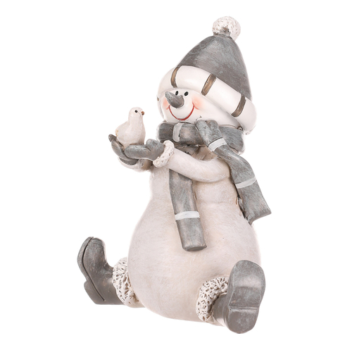 Sněhulák - polyresiová figurka, sedící, šedý obleček a čepka