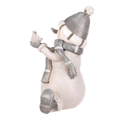 Sněhulák - polyresiová figurka, sedící, šedý obleček a čepka