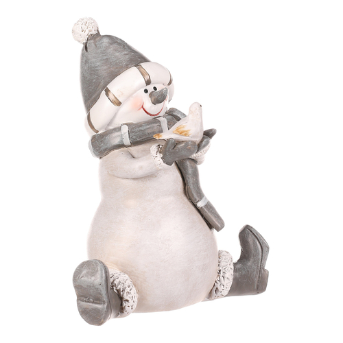 Sněhulák - polyresiová figurka, sedící, šedý obleček a čepka