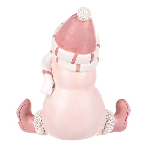 Sněhulák - polyresiová figurka, sedící, růžový obleček a čepka