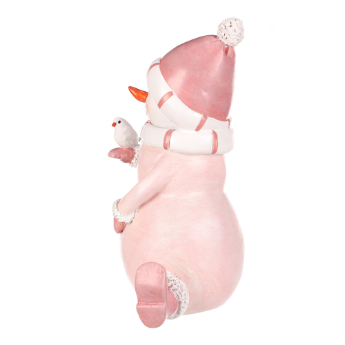Sněhulák - polyresiová figurka, sedící, růžový obleček a čepka