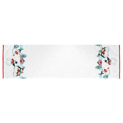 Běhoun bílý - se sněhuláky na okrajích, 100% polyester, 40 x 150 cm