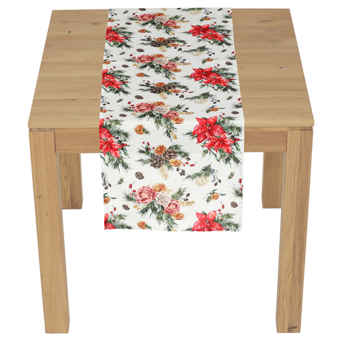 Běhoun - vánoční květy a jehličí, 100% polyester, 40 x 150 cm