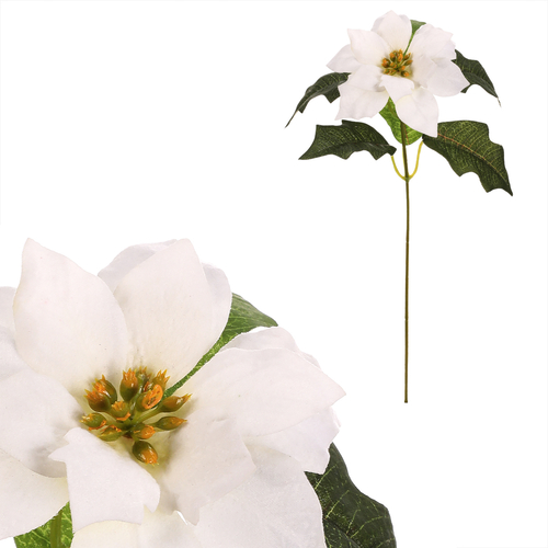 Vánoční růže - umělá řezaná s listy, bílý květ