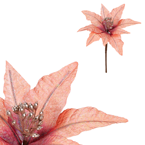 Vánoční růže - umělý květ na stonku, meruňková se třpytkami