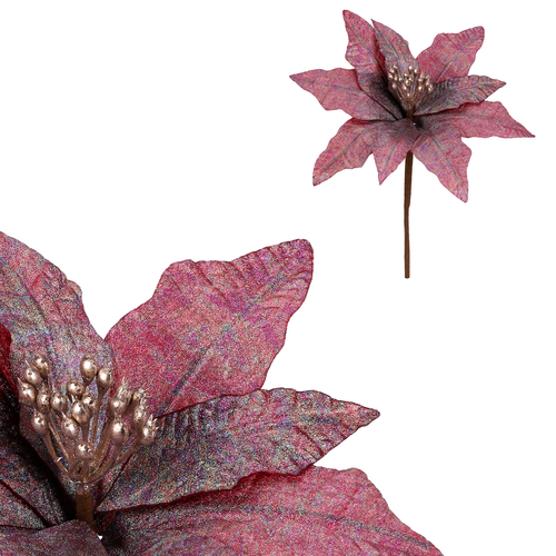 Vánoční růže - umělý květ na stonku, fialová se třpytkami