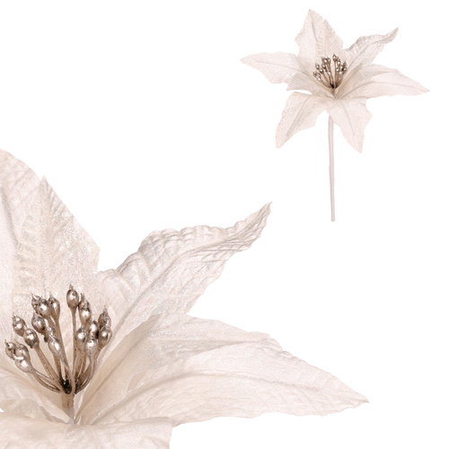 Vánoční růže - umělý květ na stonku, bílá se třpytkami