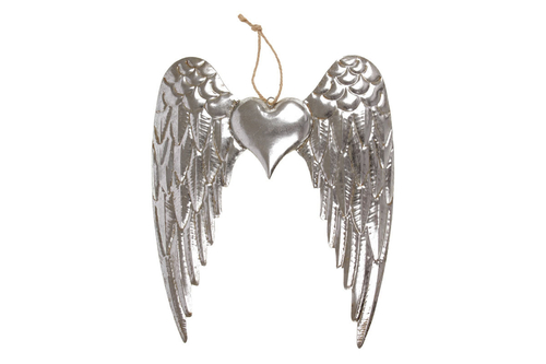 Křídla se srdíčkem, kovová dekorace na zavěšení, barva stříbrná