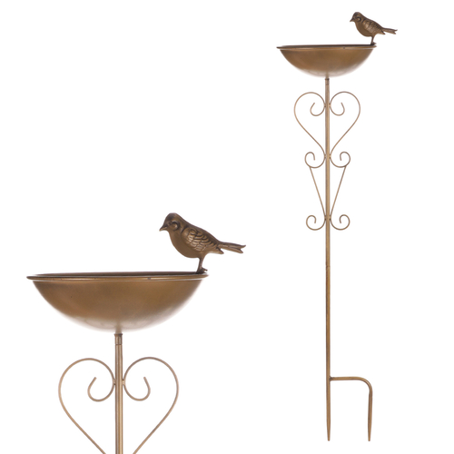 Krmítko/pítko - kovový zápich, miska s ptáčkem, měděné