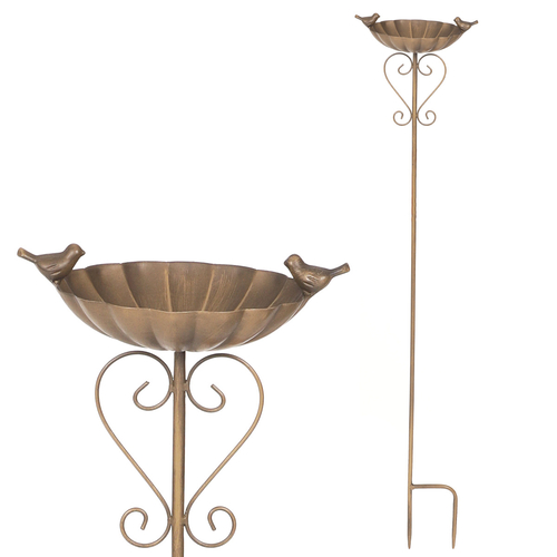 Krmítko/pítko - kovový zápich, miska s ptáčky, měděné