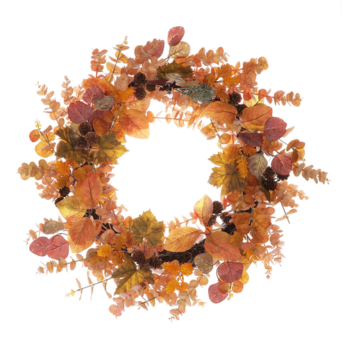 Věnec umělý - pr. 60 cm, oranžové  listí a drobné šišky