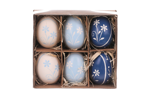 Kraslice z pravých vajíček, modro-bílá varianta. Cena za 6 ks v krabičce.
