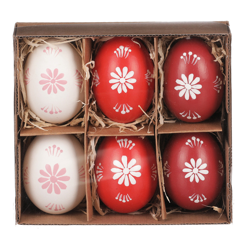 Kraslice z pravých vajíček, bílo-červená varianta. Cena za 6ks v krabičce.