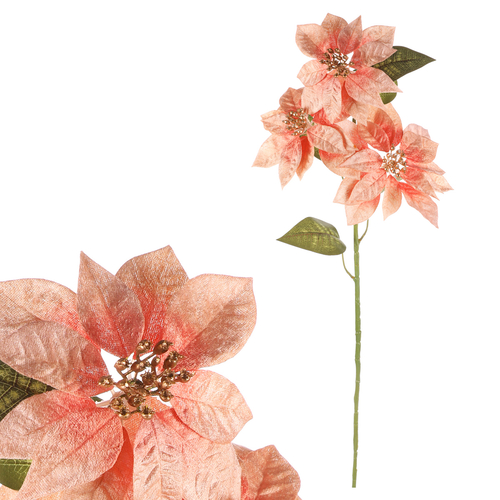 Vánoční růže - umělá řezaná, 3 květy, zlatý střed, růžová