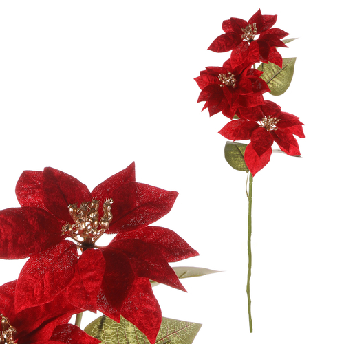 Vánoční růže - umělá řezaná, 3 květy, zlatý střed, červená