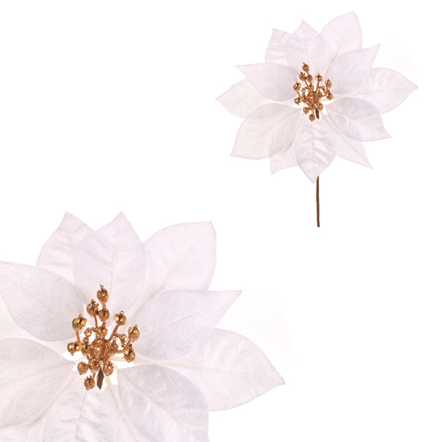 Vánoční růže - umělý květ, zlatý střed, bílý