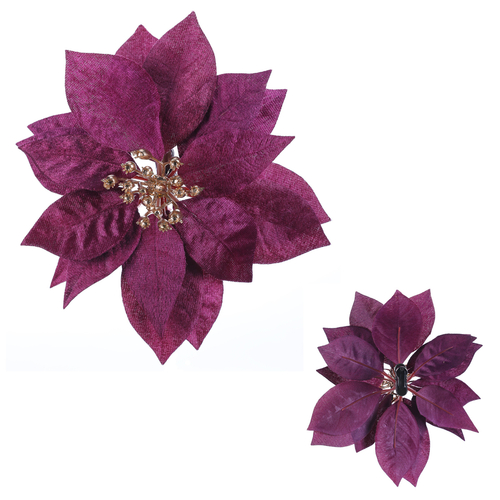 Vánoční růže na klipu - umělý květ, zlatý střed, fialový