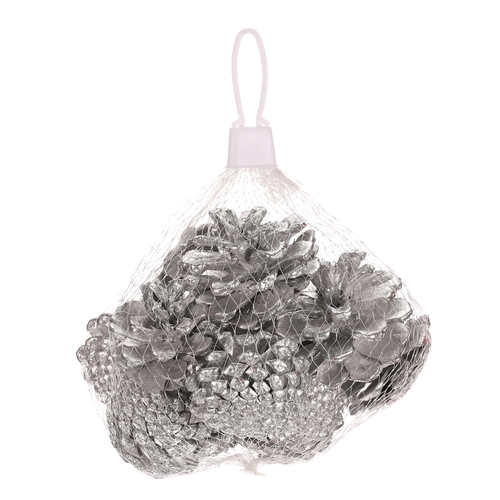 Šišky - pravé borovicové, stříbrné, cena za balení (12 ks)