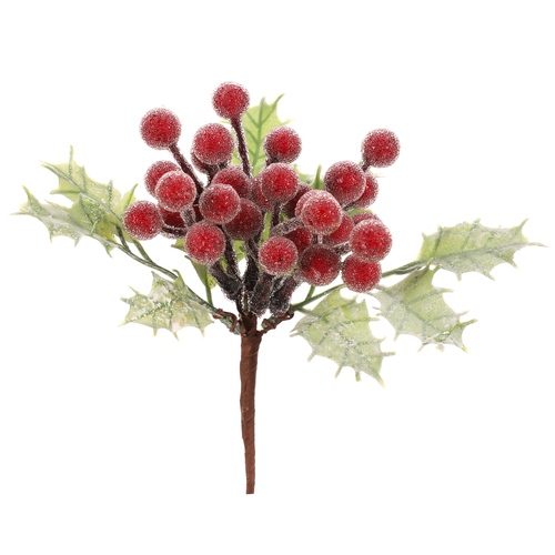 Bobule červené - umělý trs s lístky, ojíněný