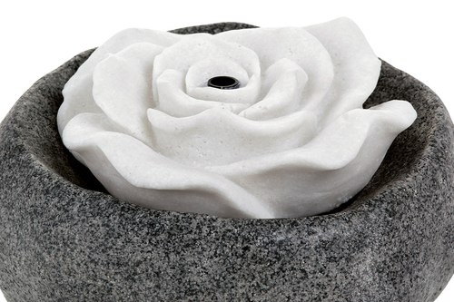 Fontána s LED osvětlením - polyresin, černá, dekor kámen a bílá růže