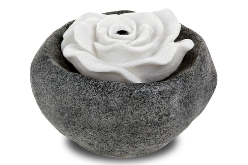 Fontána s LED osvětlením - polyresin, černá, dekor kámen a bílá růže